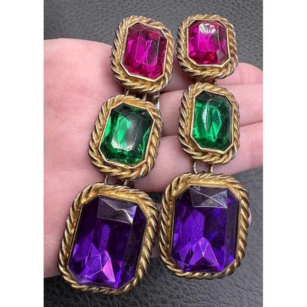 VTG 80s Huge Chicklet Rhinestone Statement Purple Green Pink Runway Gold Tone